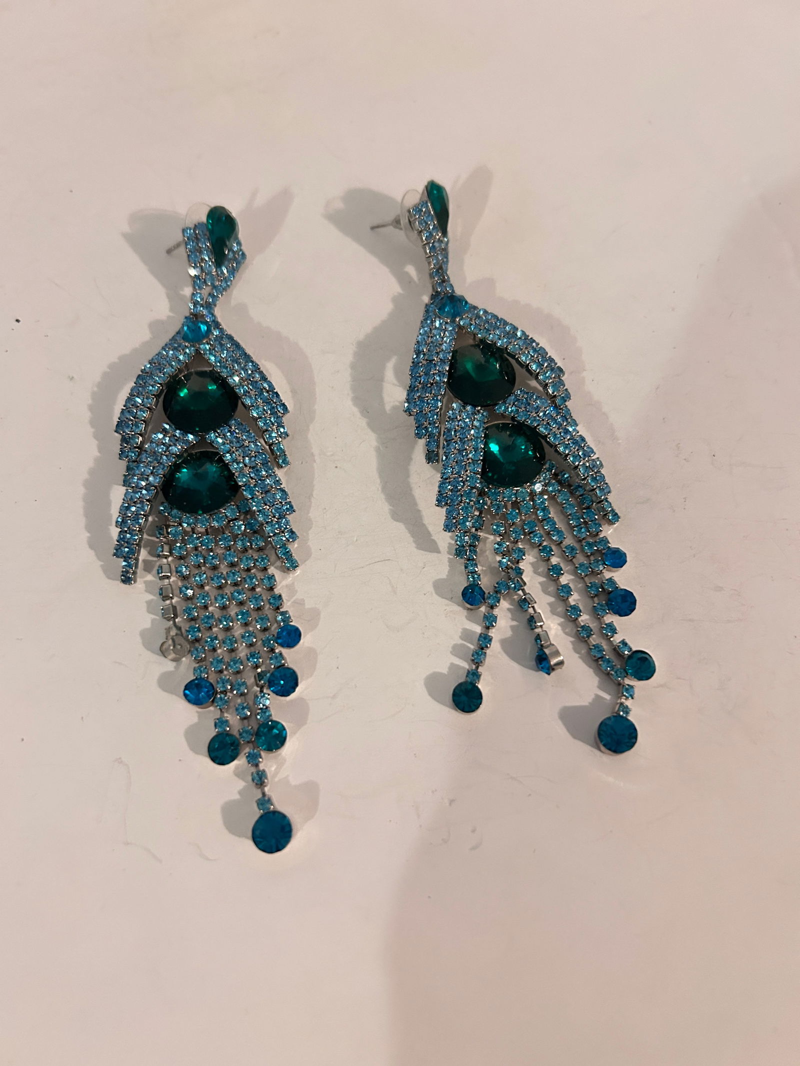 Vintage Peacock Statement blue green rhinestones Earrings (1 of 5)