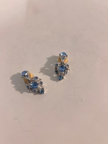 Vintage Signed Bogoff Clip On Earrings Sparkling Rhinestones Turquoise Blue