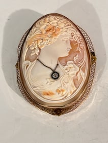 Antique Hand Carved Large Shell Gold Filled 3" Cameo Filigreee Brooch Pendant