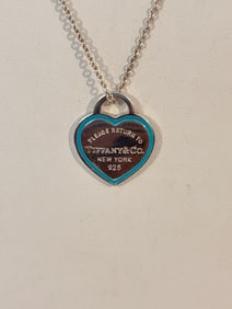 Tiffany & Co. Medium Blue Enamel Outline Return to Tiffany Heart Pendant Necklace 24"