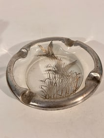 Vintage Silver Overlay On Glass Mallard Ducks in Flight Ashtray 6??- man cave ashtray