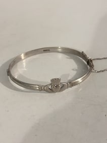 Claddagh Bangle Bracelet in Sterling Silver 7" signed J.B