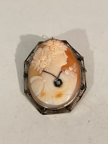 Antique 14k White Gold Diamond Natural Shell Cameo Brooch Pendant Art Deco 15 grams