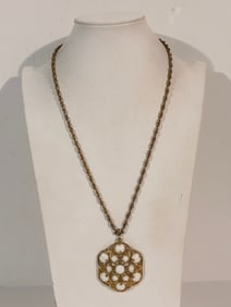 Vintage gold tone milk glass pendant Necklace 24"