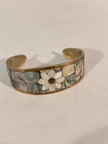 Vintage Silver & Mother of Pearl Abalone Cuff Bracelet Mexico 7"