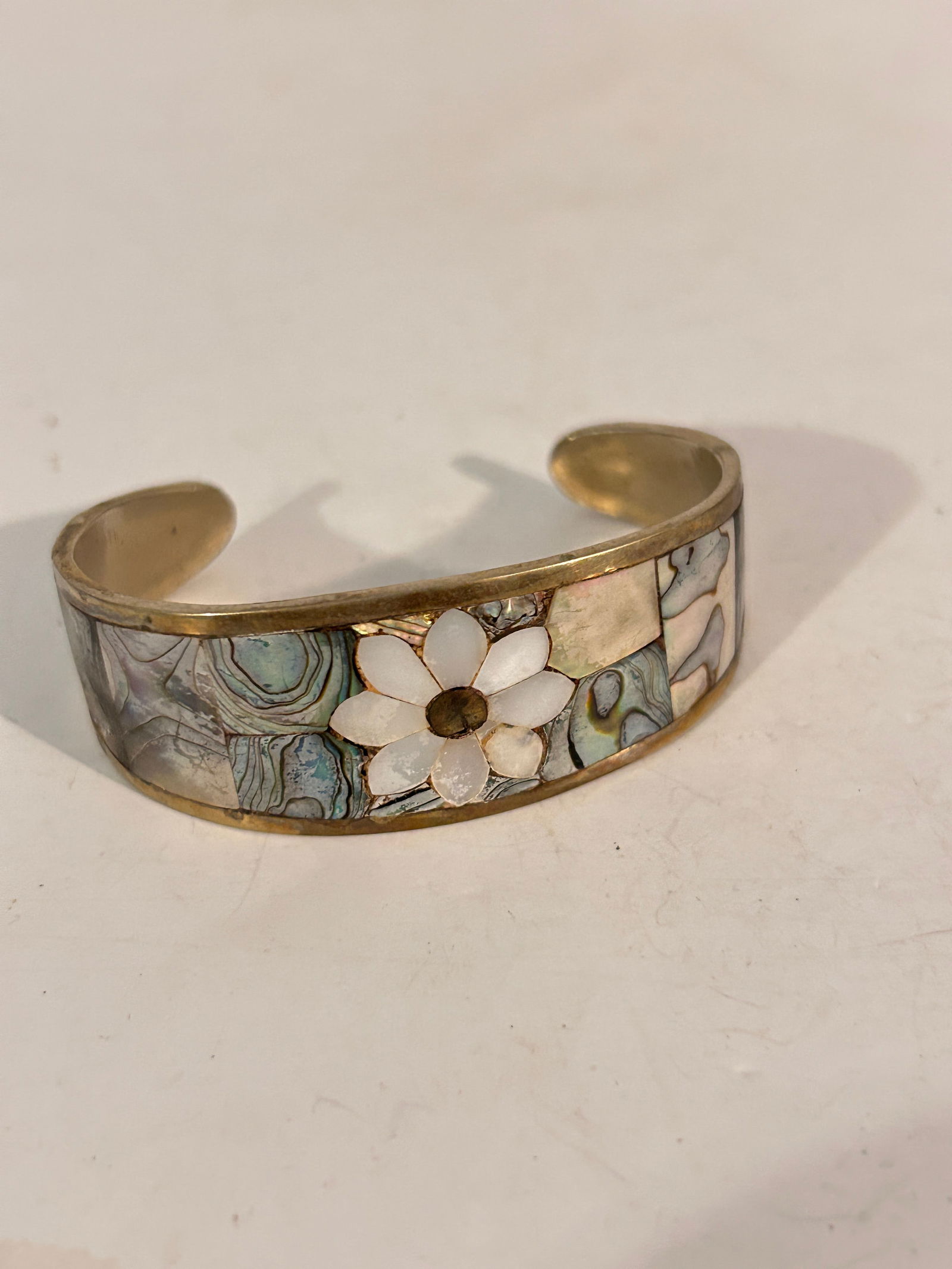 Vintage Silver & Mother of Pearl Abalone Cuff Bracelet Mexico 7" (1 of 4)