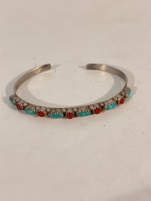 Navajo Turquoise Coral Silver Bracelet Skinny Sterling Cuff 5.5"