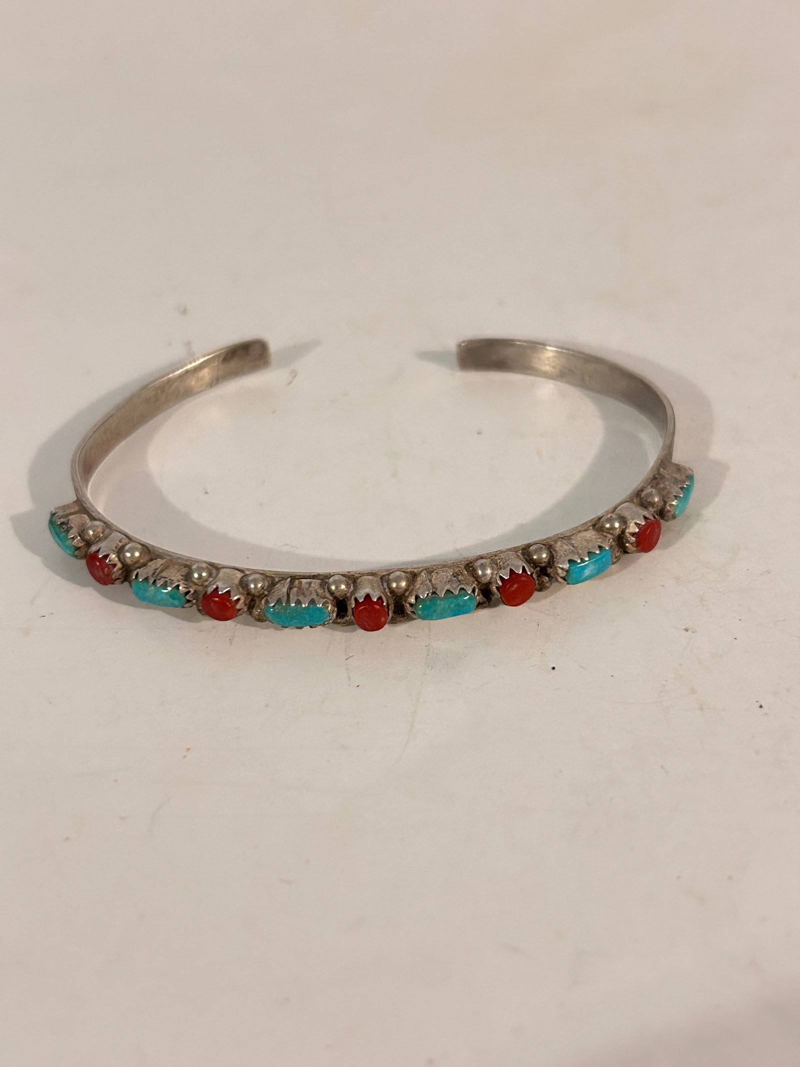 Navajo Turquoise Coral Silver Bracelet Skinny Sterling Cuff 5.5": Navajo Turquoise Coral Silver Bracelet Skinny Sterling Cuff 5.5" Please view all photos as they are part of the description and condition of this Item, Feel free to contact me with questions or pictur