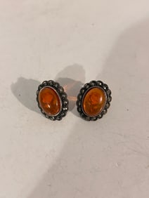 Vintage Sterling Silver Amber post floral Earrings