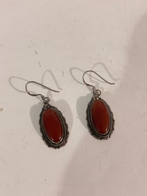 Sterling Silver Red Jasper Oval Cabochon Dangle Drop Earrings Vintage Jewelry