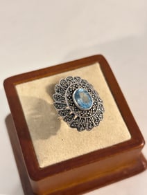 Sterling Silver NF Blue Topaz Gemstone filigree Ring Sz 6