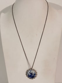 VTG Sterling Silver - DUTCH DELFT Ceramic Windmill Pendant Necklace Sz 24"
