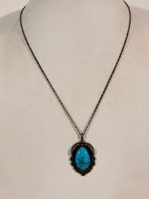 Vintage NAVAJO Old Pawn Sterling Silver Signed RMB Turquoise Pendant Necklace Sz 18"