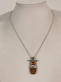 Vintage Sterling Silver Tigers Eye Pendant Necklace Sz 18"