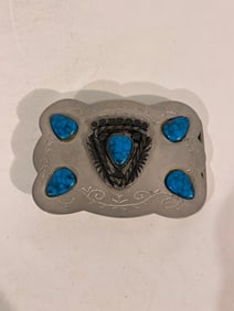 Faux Turquoise And Silver Tone Southwest 80s Vintage Belt Buckle