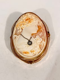 Antique Hand Carved 14K Gold Large Shell 3" Cameo Filigree Brooch Pendant 32 Grams