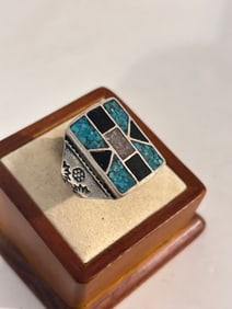 Old Pawn Zuni Vintage Turquoise Inlay Ring Size 11