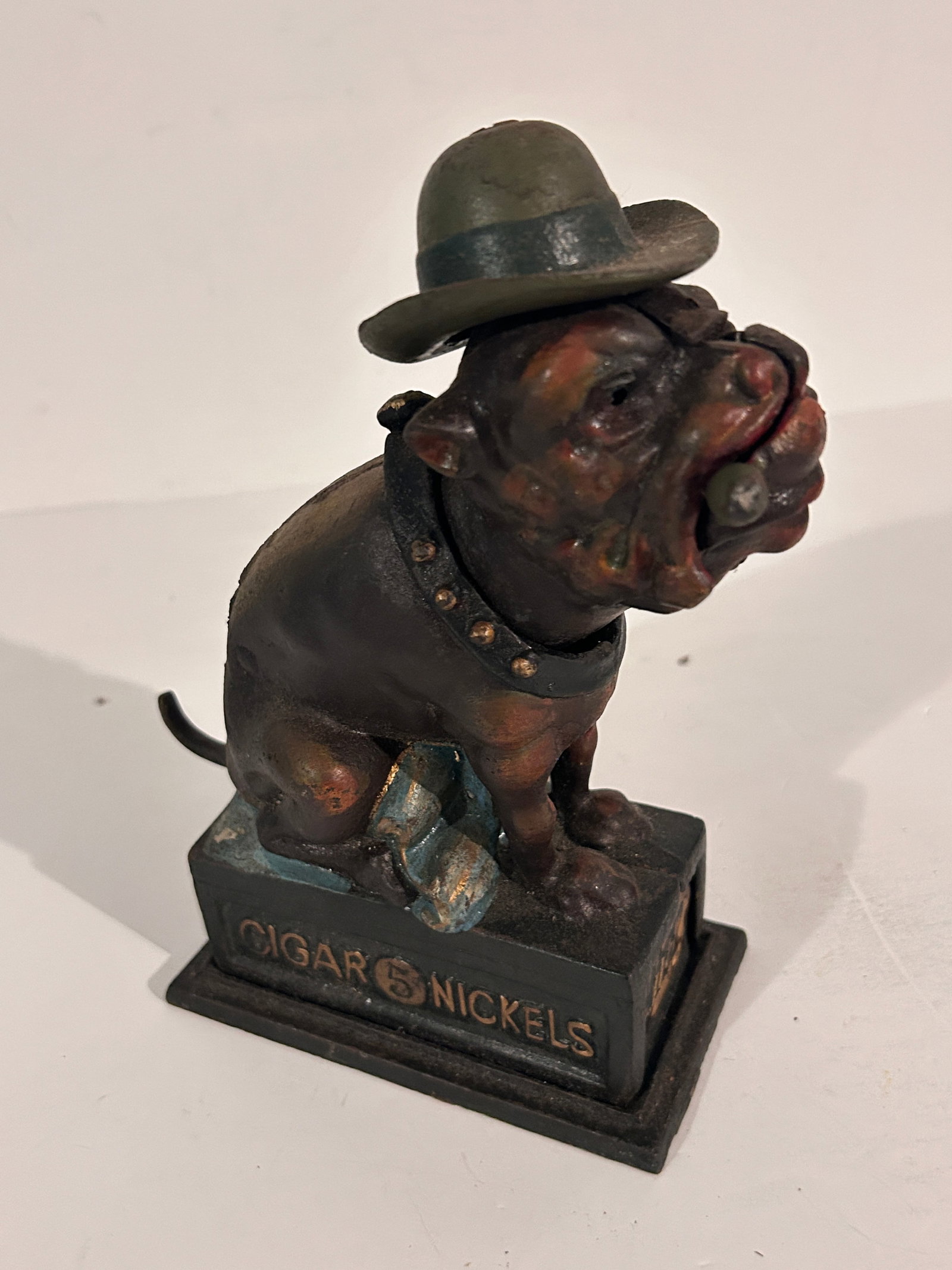 VTG Ole Puffer Cast Iron Mechanical Coin Bank Bulldog Smoking Cigar Repo missing eye: Item comes exactly as shown Know what you are bidding on. Carefully refer to and examine all photos, ask questions, do research, etc., to determine (Authinticity) . before bidding in order to determin