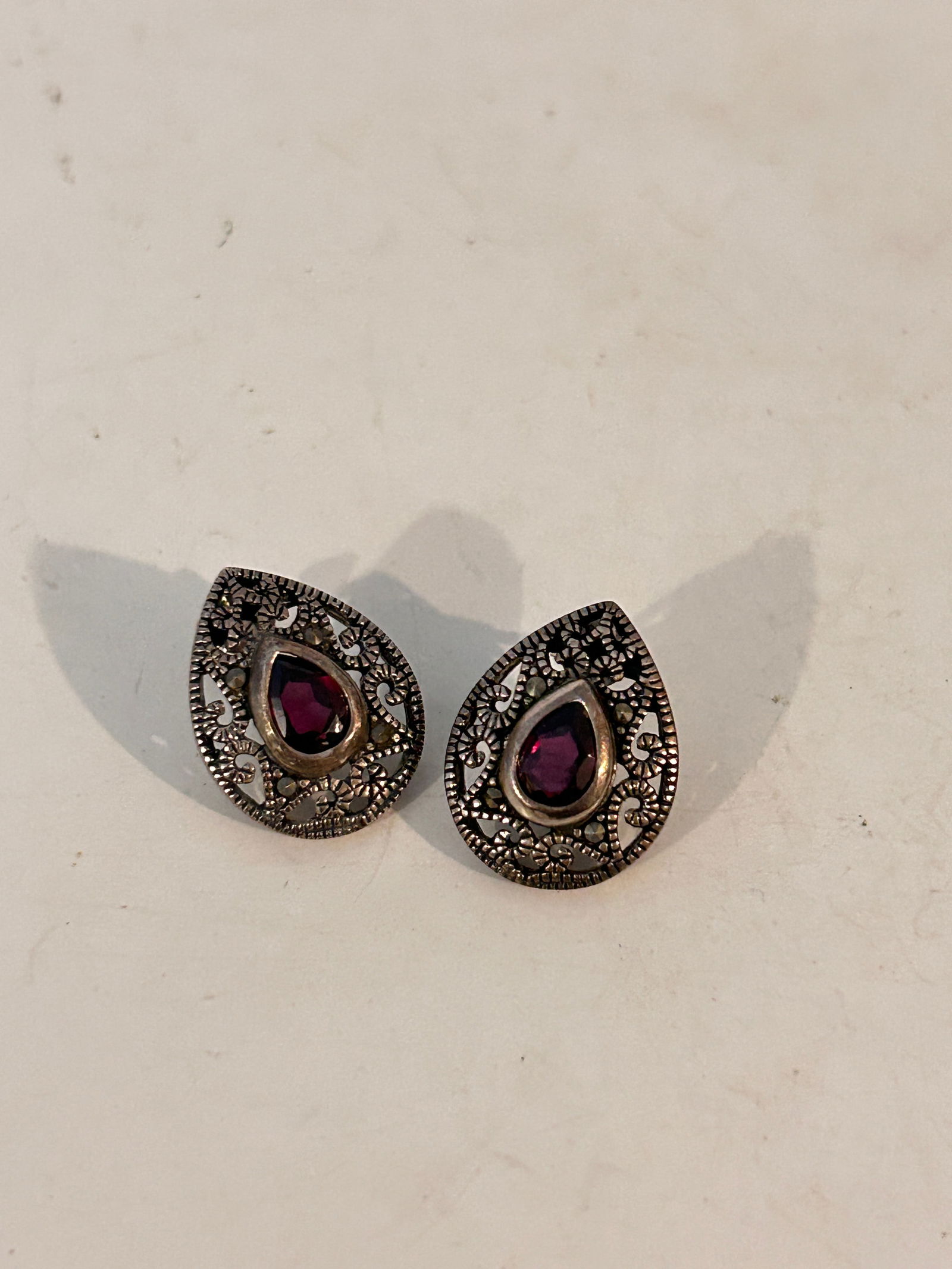 Vintage JC Signed .925 Sterling Silver Amethyst Marcasite Post Earrings: Vintage JC Signed .925 Sterling Silver Amethyst Marcasite Post Earrings Please view all photos as they are part of the description and condition of this Item, Feel free to contact me with questions or