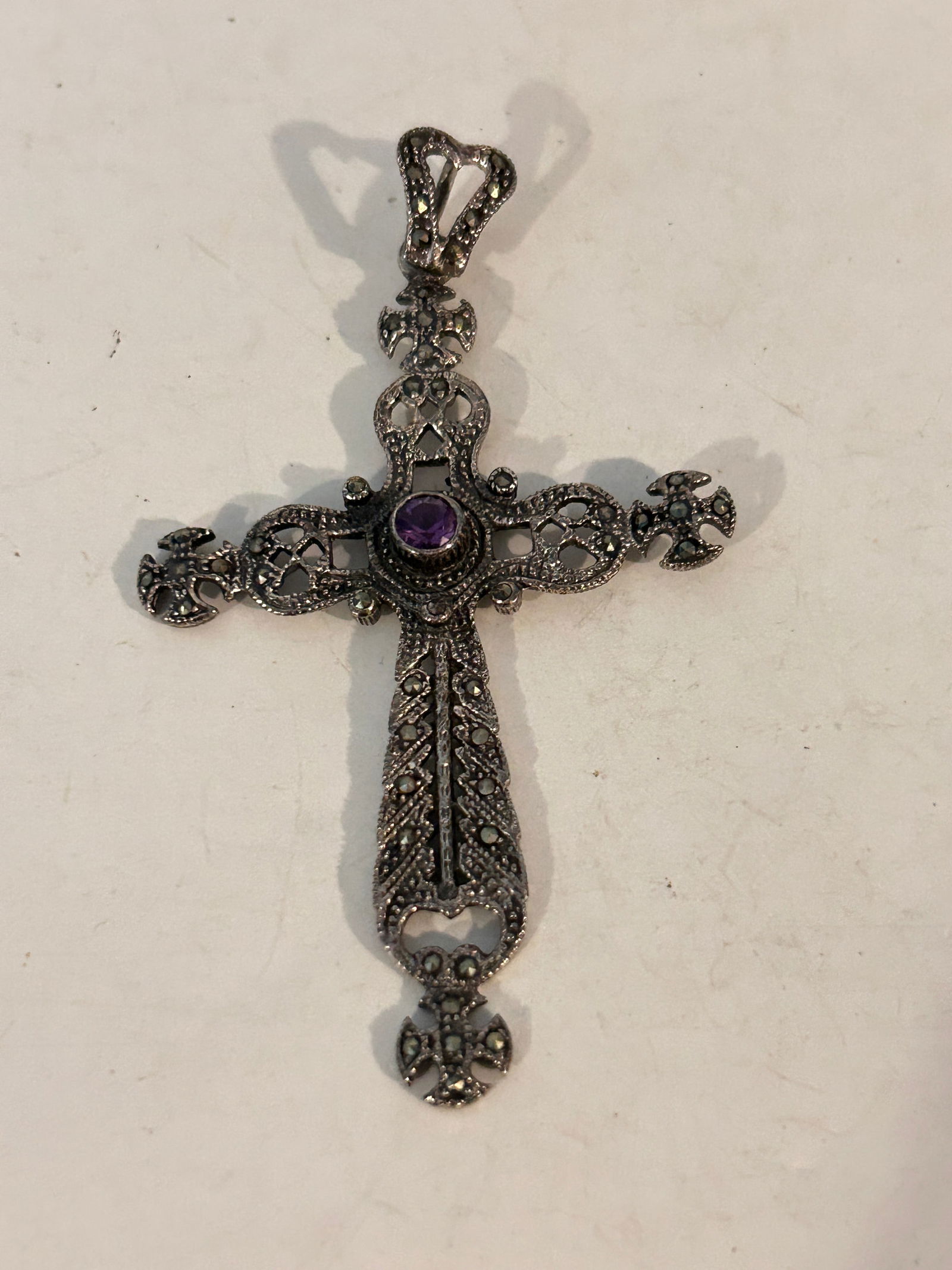 Vintage Sterling Silver marcasite Amethyst Cross Pendant 3 1/4" (1 of 5)