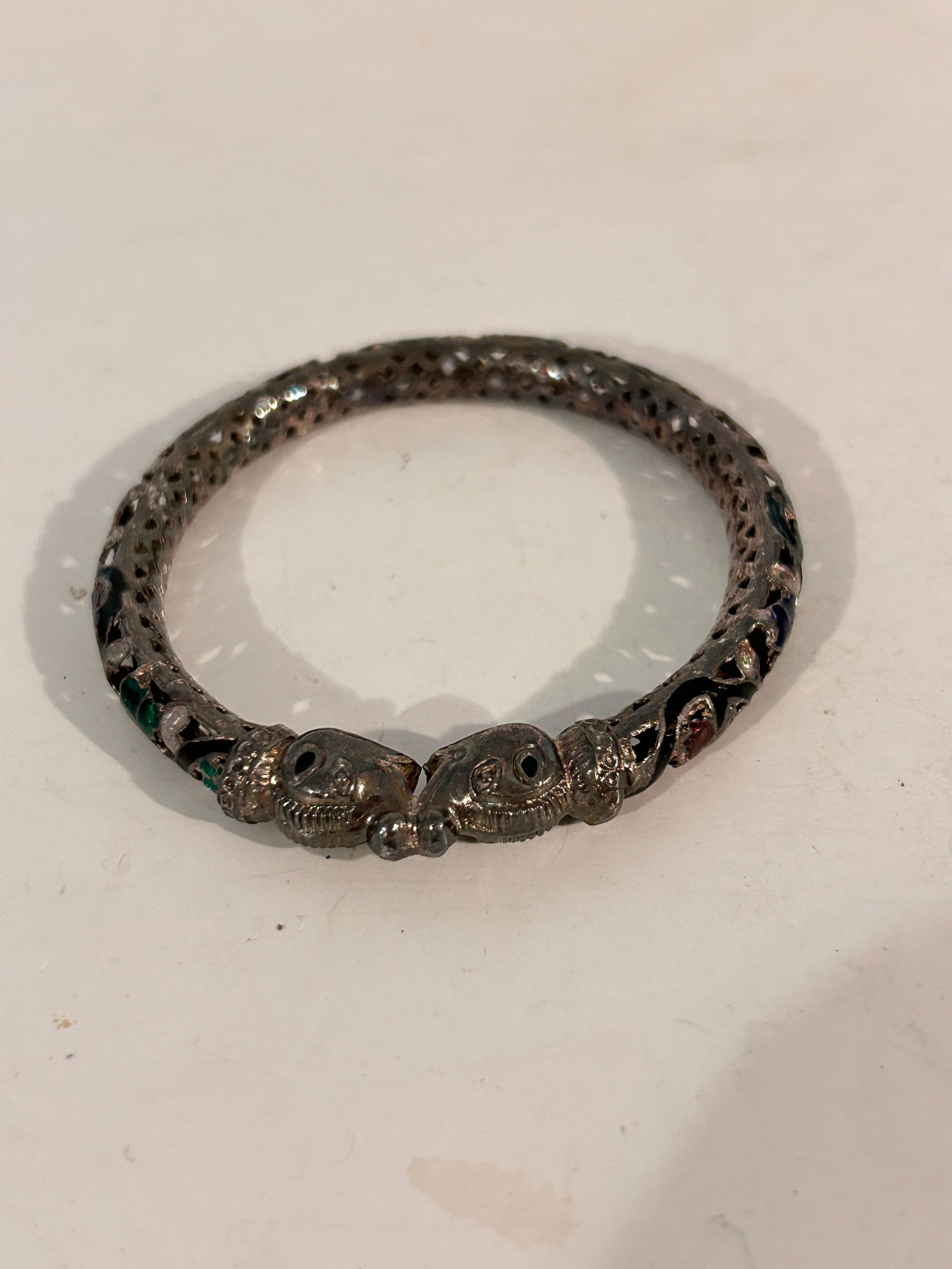 Vintage Carved Elephant Trunk up - Good Luck Fortune Kada Maharajah Enamel Cloisonne filigree inlay: Vintage Carved Elephant Trunk up - Good Luck Fortune Kada Maharajah Enamel Cloisonne filigree inlay work Bangle Bracelet Vintage sz 7" Please view all photos as they are part of the description and co