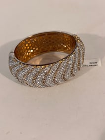 Designer WALID AKKAD Gold Tone clear Rhinestone Bangle Bracelet Hinged 7"