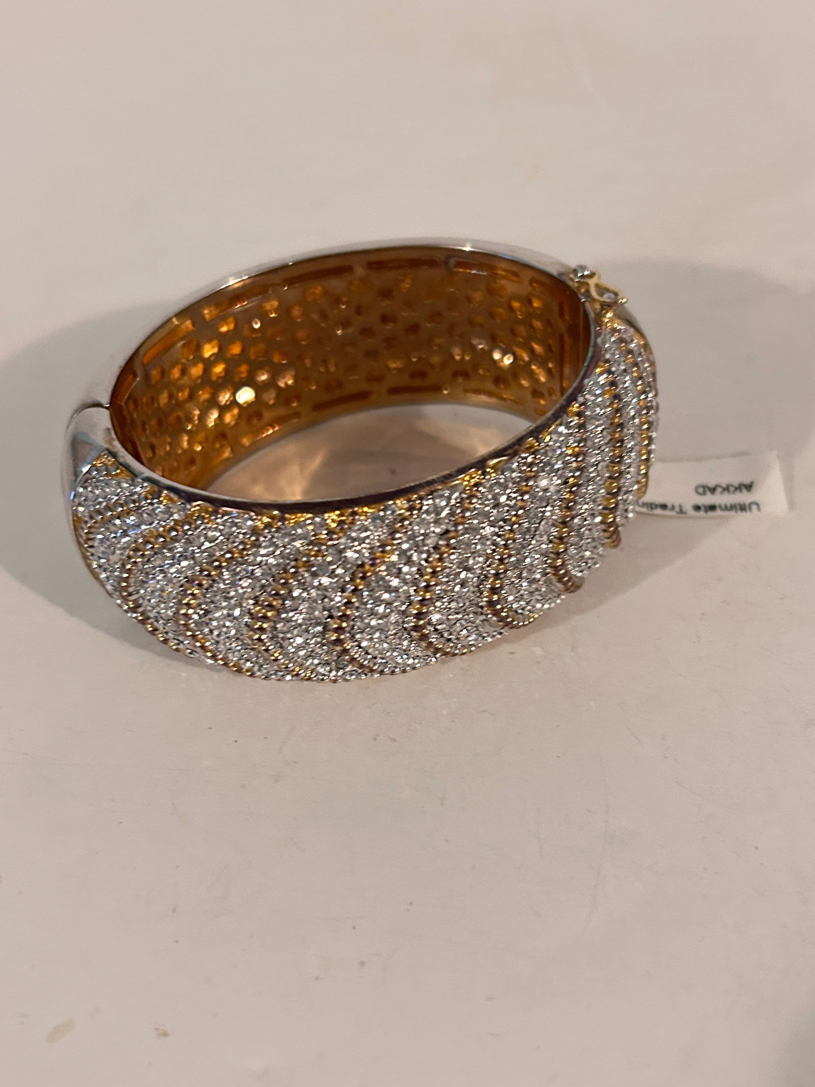 Designer WALID AKKAD Gold Tone clear Rhinestone Bangle Bracelet Hinged 7" (1 of 7)