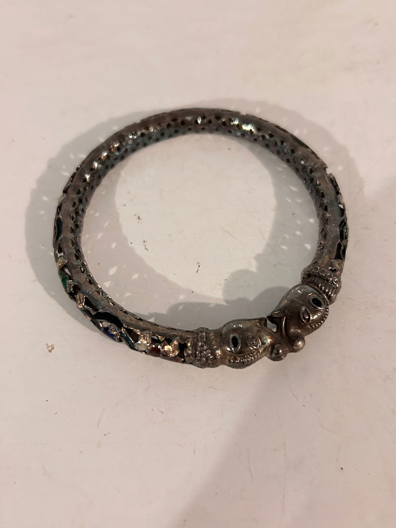 Vintage Carved Elephant Trunk up - Good Luck Fortune Kada Maharajah Enamel Cloisonne filigree inlay: Vintage Carved Elephant Trunk up - Good Luck Fortune Kada Maharajah Enamel Cloisonne filigree inlay work Bangle Bracelet Vintage sz 7" Please view all photos as they are part of the description and co