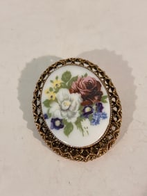 Vintage hand painted floral glass Brooch