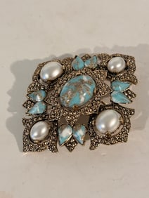 Vintage Sarah Coventry Remembrance Large Pin Brooch Faux Pearl Turquoise Color