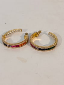 Vintage Sterling Silver Multi Gemstone hoop Earrings