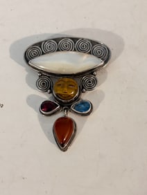 Unique Sajen Sterling Silver Guardian MOP Tiger Eye Brooch Pendant 2 1/2"