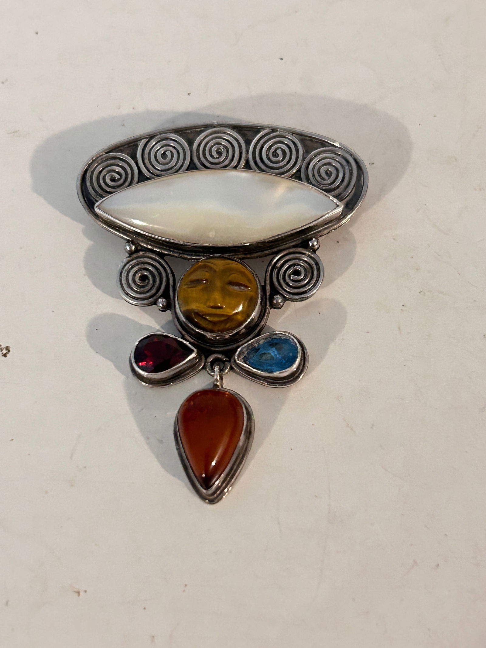 Unique Sajen Sterling Silver Guardian MOP Tiger Eye Brooch Pendant 2 1/2" (1 of 5)