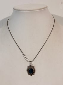 Vintage Sterling Silver marcasite green pendant Necklace 16"