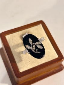 Vintage Sterling Silver Rhinestone Onyx Ring Sz 8