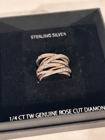 Vintage Sterling Silver 1/4 CT Genuine Rose Cut Diamond Ring Sz 7