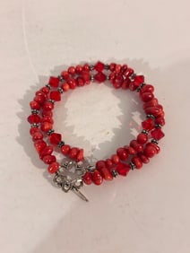 Vintage  Sterling Silver Swarovski Coral beaded Bracelet 7"