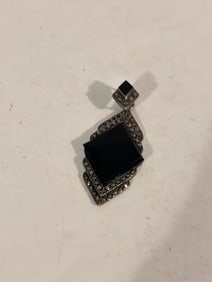 Vintage  Sterling Silver marcasite Onyx Pendant