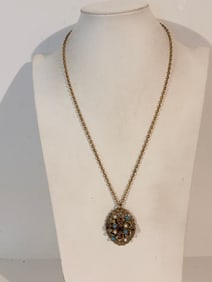 Vintage Old Filigree 1900s Brass Pendant Necklace 23"