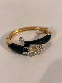 Gorgeous 1950 Signed Panetta Gold P Enameled & Rhinestone Panther Cuff Bracelet 7"