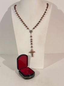 Vintage Maple  Wood Rosary With Wood  Crucifix Box