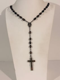 Vintage 1960s Ebony  Wood 5 Decade Rosary, Wood & Metal Crucifix