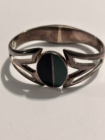 Sterling Sliver Bracelet Mexico 925 Malachite Onyx Heavy Double Hinged 7"