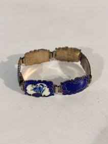 Vintage Hans Myhre Norway Gilt Sterling Scrolls Floral Guilloche Enamel Bracelet 8"