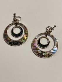 Vintage Signed Hecho En Mexico Abalone MOP Inlay Silver Dangle Earrings