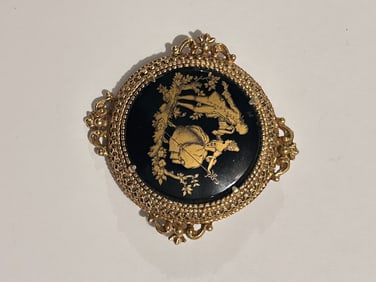 Rare Florenza Courting Couple Brooch Pin Black Porcelain Glass Fragonard VTG