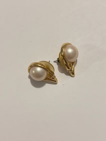 Vintage Trifari Earrings Gold Tone Faux Pearl Post Pierced