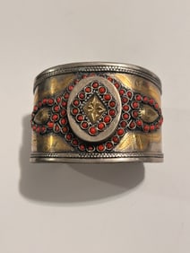 Vintage, Indian Style, Detailed, Silver, Metal, and Faux Gems, Cuff, Bracelet, Jewellery, Prop,