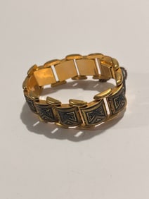 Vintage Spain Damascene 7/8" Wide Black Gold Enamel Bracelet XO Beaded Scroll 7" Nice!!!