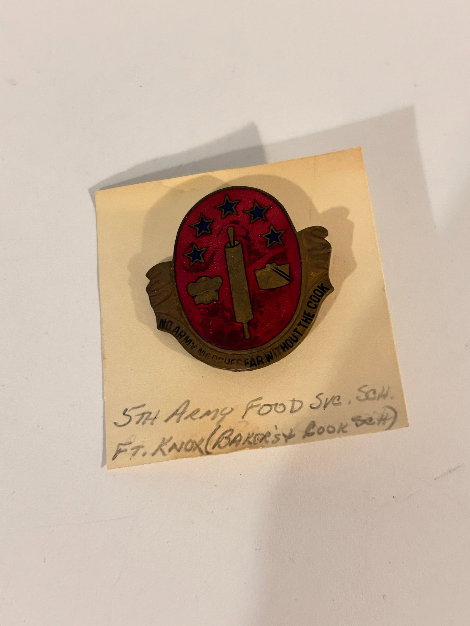 WWII U.S. Army cook/baker school crest enamel lapel pin acquired from an estate: WWII U.S. Army cook/baker school crest enamel lapel pin acquired from an estate Please view all photos as they are part of the description and condition of this Item, Feel free to contact me with ques